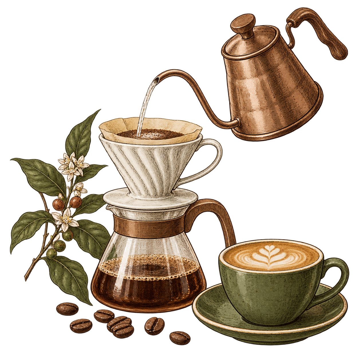 رسمة تحضير القهوة بعناية — Illustrated coffee brewing ritual