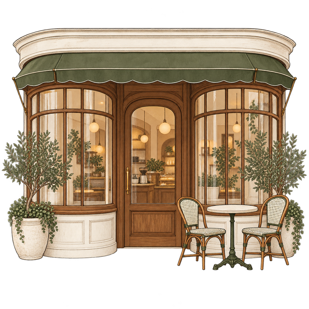رسمة واجهة كافيه دافئة — Illustrated welcoming cafe facade